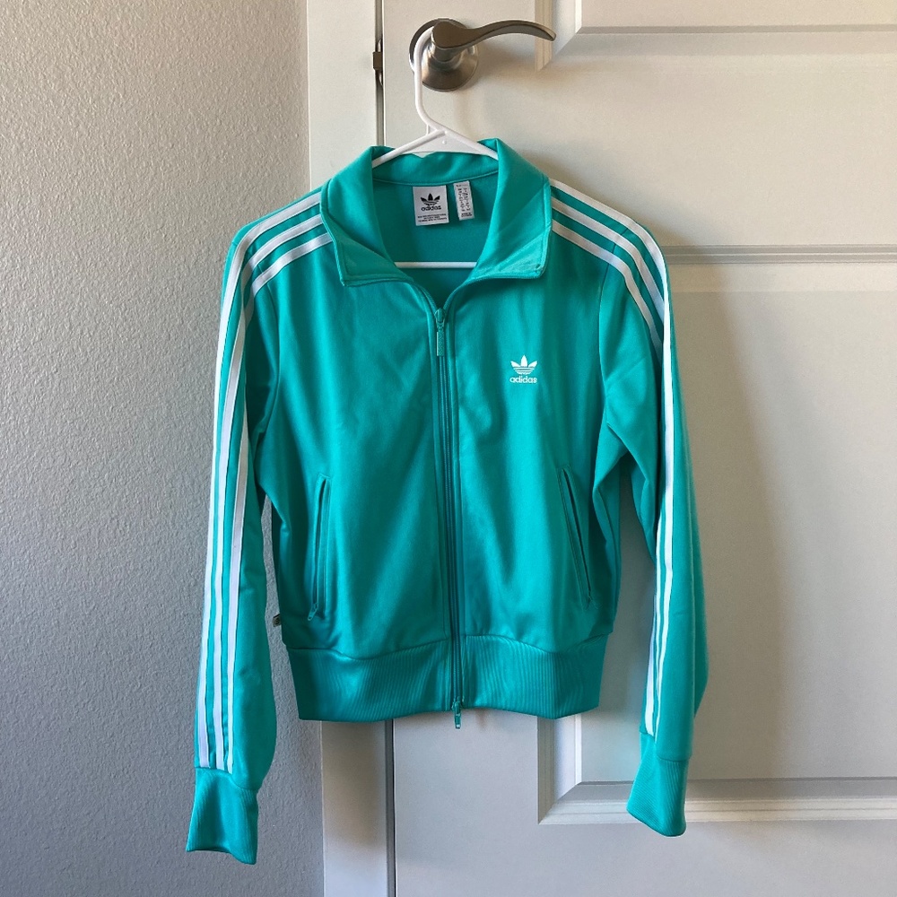 Adidas teal double zip cropped track jacket